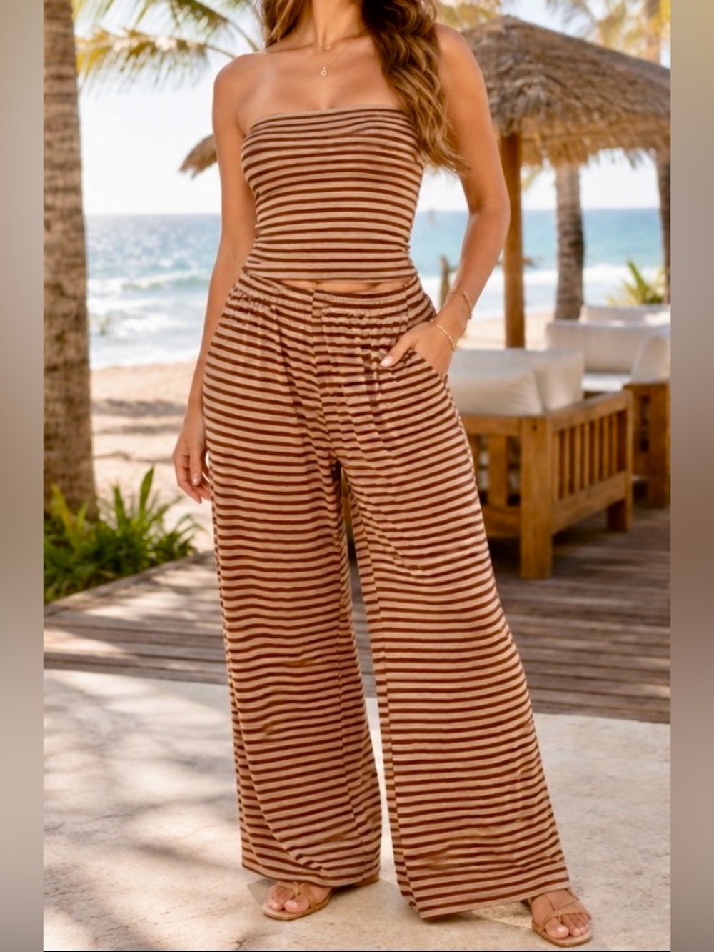 TANKANEO~ Striped Tube Top Pants Set - Brown/Beige Stripe. Size XS